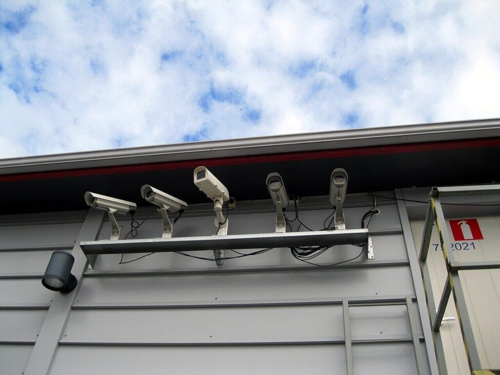 Security cameras on a wall