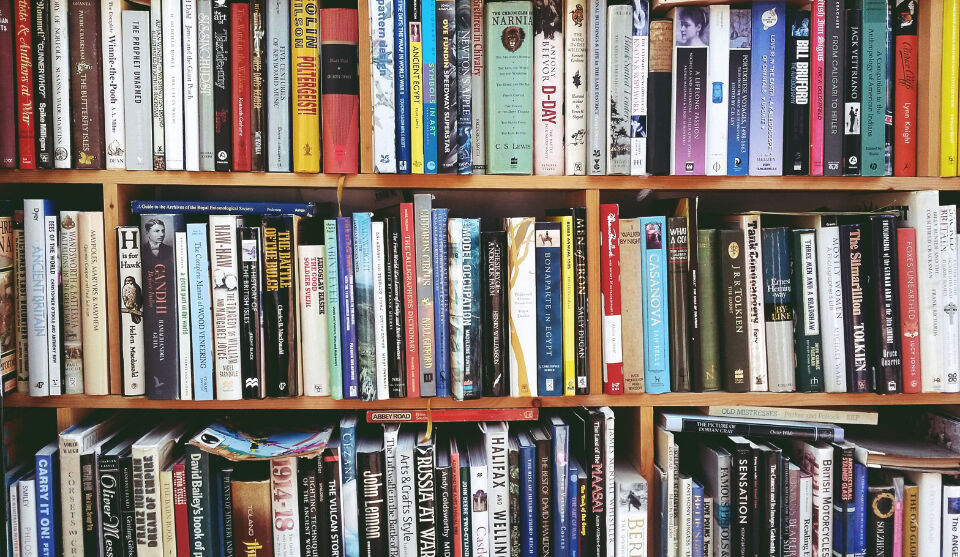 Books on library shelves